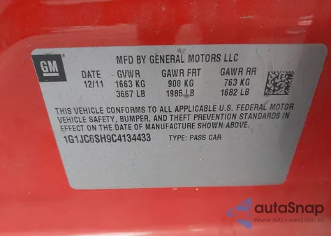 2012 Chevrolet Sonic 2Lt z USA, uszkodzony, nr VIN 1G1JC6SH9C4134433